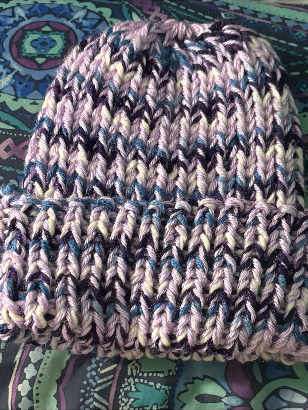 Hand-Knit Beanie Hat in Purple & blue